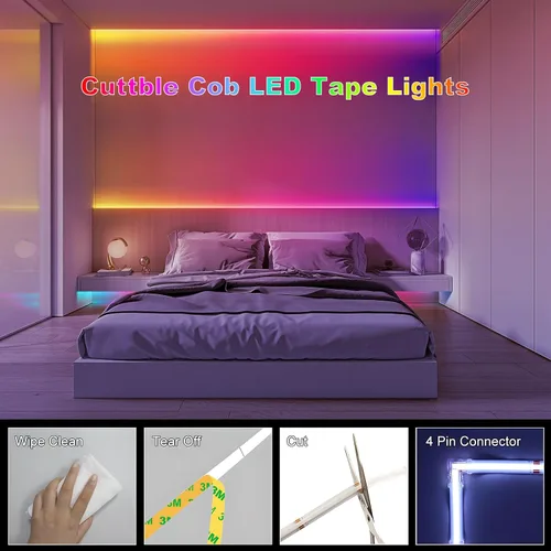 Vista 8 de Tira de luces LED de 20 pies COB Smart IC, luces LED RGB de 24V para dormitorio con control remoto RF, botón de aplicación inteligente