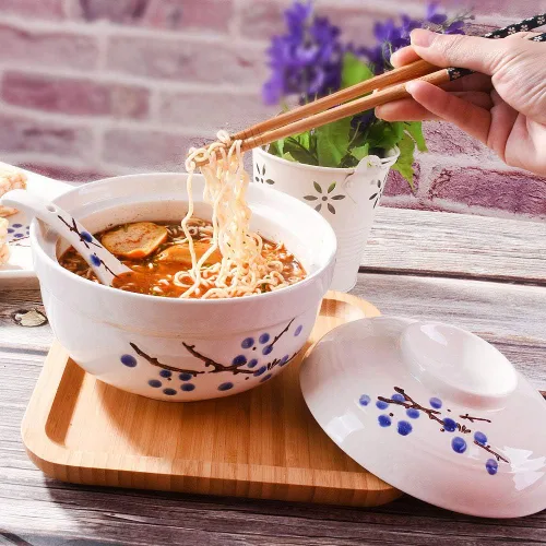 Vista 5 de Tazones de ramen con tapa, estilo japonés, de 27.5 onzas, tazón grande de fideos instantáneos para sopa, arroz y gachas de avena, microondas, horno