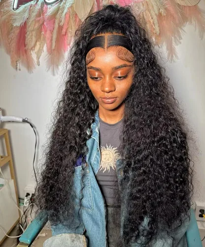 Vista 4 de Pelucas de cabello humano rizado profundo con encaje frontal, pelucas de cabello humano húmedo y ondulado