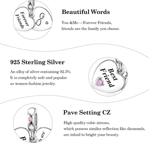 Vista 5 de JIAYIQI Dijes de Madre Hermana Hija Esposa que se Ajustan a Pulseras de Dijes y Collares con Dijes de Doble Corazón de Amor Cuentas de Plata de Ley