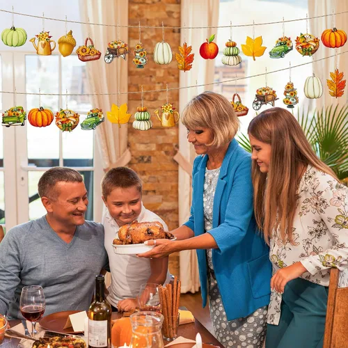 Vista 6 de Haooryx Adorno colgante de madera de acuarela de otoño, 46 piezas de calabaza de otoño, hojas de arce, flores de madera, colgante decorativo