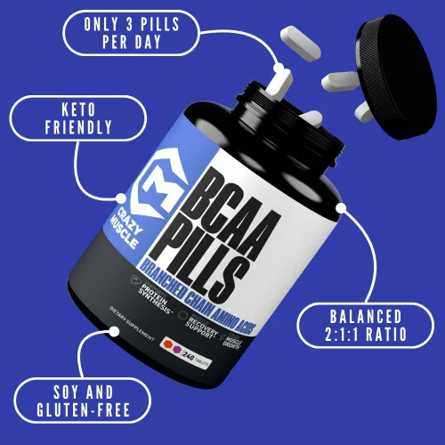 Vista 2 de Crazy Muscle Píldoras BCAA de 3000 mg (suministro de 2 meses) con la proporción óptima de 2:1:1 de aminoácidos de cadena ramificada