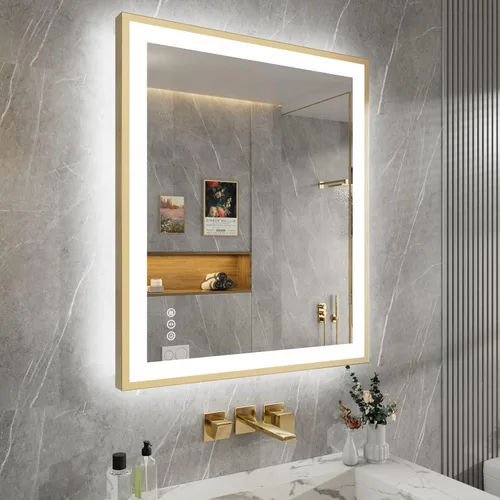 Vista 46 de Espejo de baño LED de 24x28 pulgadas con marco negro, espejos de baño retroiluminados y con luz frontal para pared, antiempañamiento, regulable