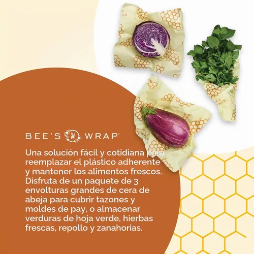 Vista 5 de Bee's Wrap - Envolturas para alimentos de cera de abeja, paquete de 3 grandes, panal de abeja Panal Grande 3 Pack