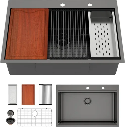 Vista 11 de Fregadero de cocina negro de 30"x19", estación de trabajo con revestimiento nano, acero inoxidable 304 calibre 16, hecho a mano, montaje superior