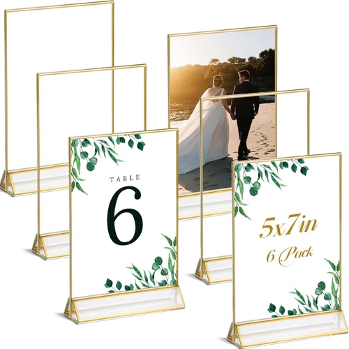 Vista 10 de UNIQOOO Soportes acrílicos para letreros con borde dorado, vista de retrato, paquete de 12 unidades, marco transparente de doble cara de 4 x 6