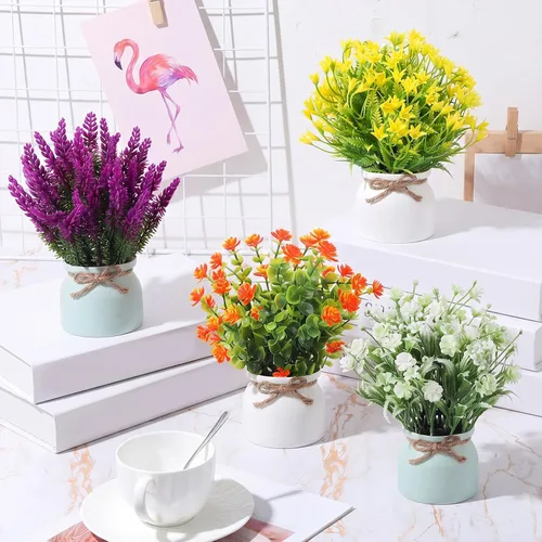 Vista 5 de Cindeer 4 piezas de flores artificiales grandes en maceta, flores artificiales de plástico para decoración del hogar, plantas artificiales