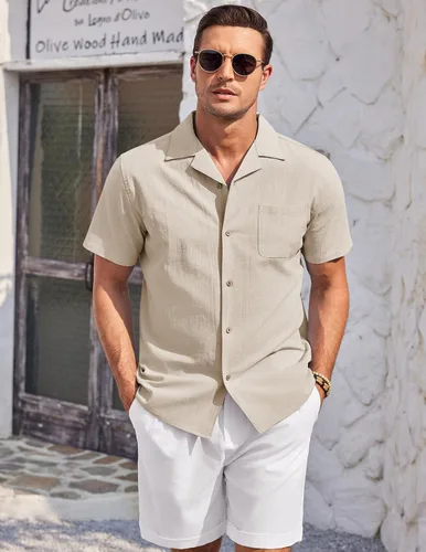 Vista 3 de COOFANDY Camisa casual de lino de algodón para hombre, de manga corta, con botones, para verano y playa