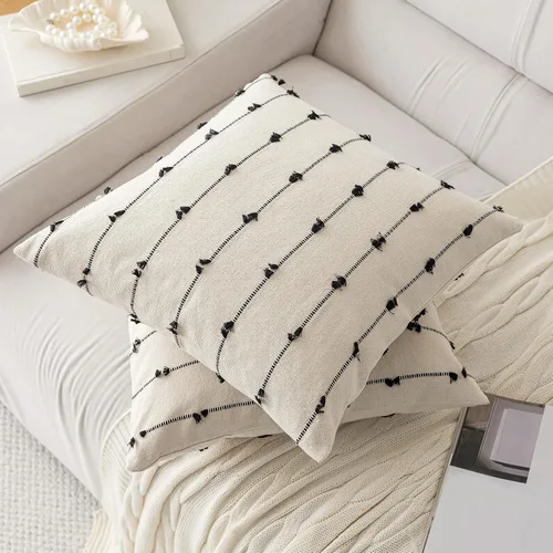 Vista 2 de YEENAASY Fundas de Cojines Decorativos Boho 16x16 Juego de 2 Modernas Estilo Granja Funda de Cojín Decorativa con Mechones Fundas de Almohadas