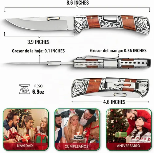 Vista 6 de NedFoss SMILODON - Cuchillo de bolsillo para hombre, cuchillo plegable de bloqueo trasero de 3.9 pulgadas, mango de palisandro con refuerzo de tigre