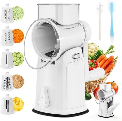 Vista 8 de Rallador de queso giratorio 7 en 1 mejorado con asa, triturador de verduras con ranura de almacenamiento incorporada, 5 cuchillas versátiles, base