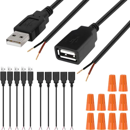 Vista 9 de Cable micro USB macho hembra a 2 extremos de cable abiertos, conector USB 2.0 a 2 cables, cable de extensión de cable de alimentación, conector
