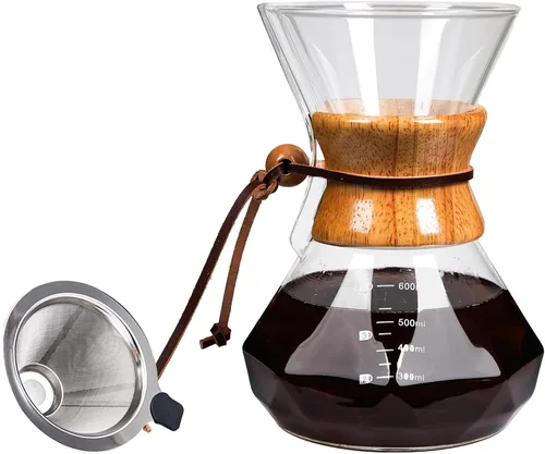 Vista 9 de Cafetera de goteo con filtro de goteo reutilizable de acero inoxidable, jarra de café de vidrio de borosilicato sin plomo con cuello de madera