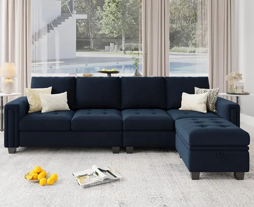 Vista 10 de Belffin Sofá seccional reversible de terciopelo con diván convertible en forma de L de 4 asientos, sofá seccional con almacenamiento otomano