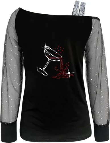Vista 2 de TXIAOLLY Blusa de manga larga con cuello vuelto para mujer, blusa casual con hombros descubiertos para árbol de Navidad