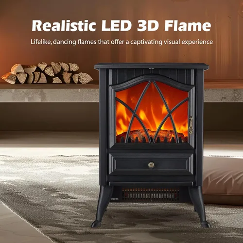 Vista 5 de Calentador eléctrico independiente para estufa de chimenea, 1500 W con efecto de llama LED 3D realista, brillo y termostato ajustables, 2 ajustes