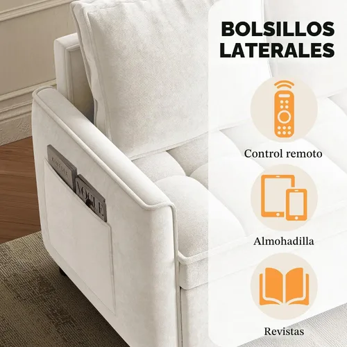 Vista 5 de Wrofly - Sofá cama de felpilla 3 en 1, sofá biplaza extraíble, beige y blanco Blanco beige