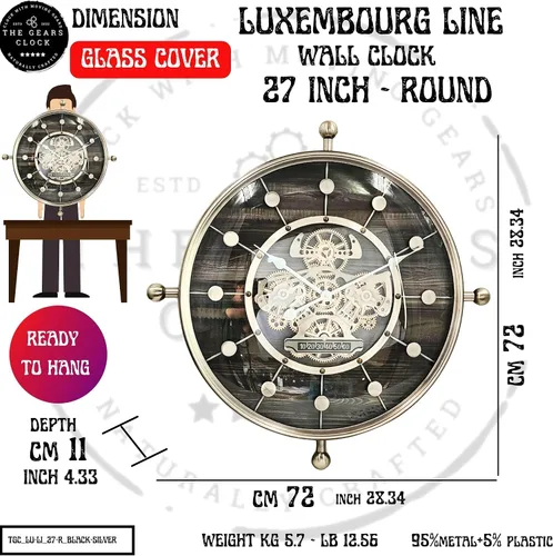 Vista 6 de THE GEARS CLOCK Reloj de pared con engranaje móvil real de 27 pulgadas, línea Luxemburgo (negro y plata, 27 pulgadas)