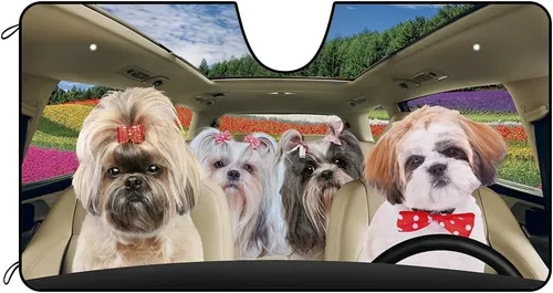 Vista 7 de Parasol para parabrisas delantero de automóvil para perro, caniche de almendra, hermosas flores, decoración para vehículo, reflector de rayos UV