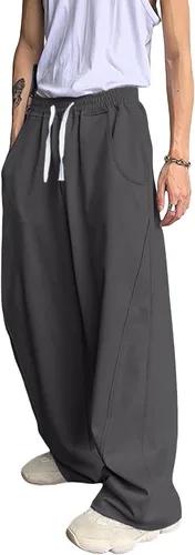Vista 4 de OYOANGLE Pantalones deportivos holgados con cordón y cintura elástica Y2K para hombre, pantalones largos sueltos de pierna ancha con bolsillo