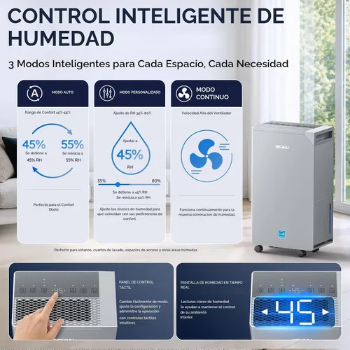 Vista 7 de Deshumidificador con certificado Energy Star, para 5000 sq. ft., máx. 12.5 gal, estándar: 8.75 gal, con manguera de drenaje, con control