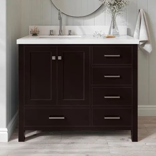 Vista 73 de ARIEL Cambridge - Mueble de baño con lavabo de 42 pulgadas, madera maciza, encimera de cuarzo blanco puro de 1.5 pulgadas, fregadero rectangular