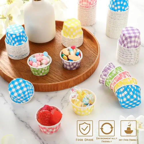 Vista 3 de Nuogo 500 vasos desechables de 1.5 onzas para soufflé, mini vasos de papel para muestra de condimentos pequeños para salsa de tomate, sacramento