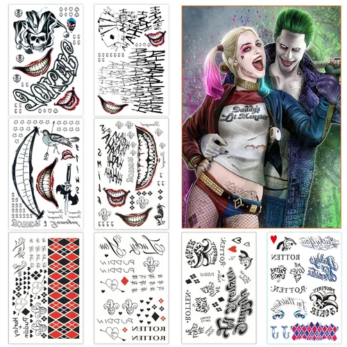 Vista 8 de Joker Tattoos 13 hojas, tatuajes temporales de Halloween para hombres, calcomanías de tatuaje falso de escuadrón suicida para adultos, disfraz