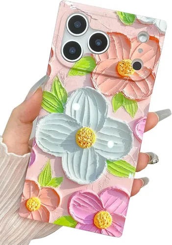 Vista 12 de Funda compatible con iPhone 14 Pro con borde rectangular, bonita funda protectora de lujo con pintura al óleo y flores para mujeres y niñas, funda