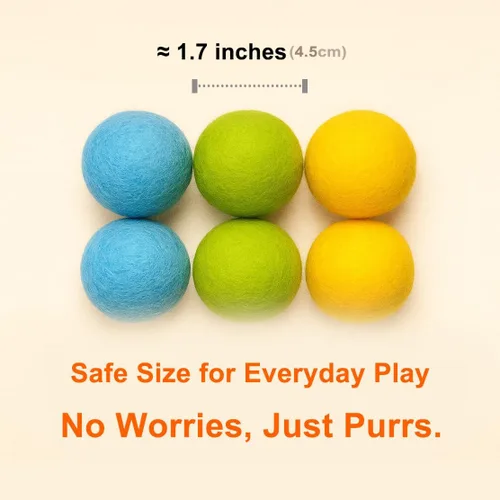 Vista 6 de Pelotas de juguete para gatos de fieltro 100% lana, paquete de 6, 3 colores, tamaño natural, duradero y seguro para gatos