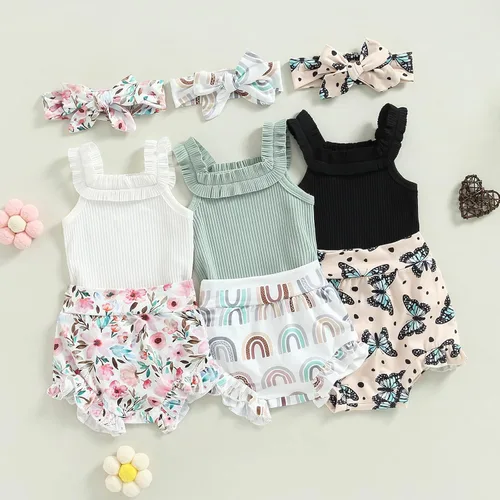 Vista 2 de Ropa de verano para bebé niña, traje de verano con estampado de flores, manga de mosca, mameluco liso, lindo conjunto de ropa de bebé para niña