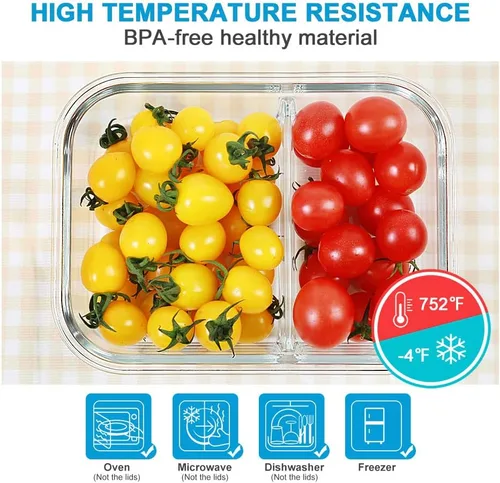 Vista 4 de DAS TRUST Paquete de 3 recipientes de vidrio para almacenamiento de alimentos, 2 compartimentos, recipientes de vidrio para preparación de comidas