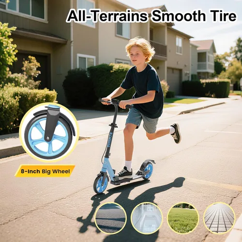 Vista 4 de SIMATE Patinete para niños, adolescentes y adultos, 4 alturas ajustables, ruedas grandes todo terreno de 8 pulgadas, frenos dobles y doble
