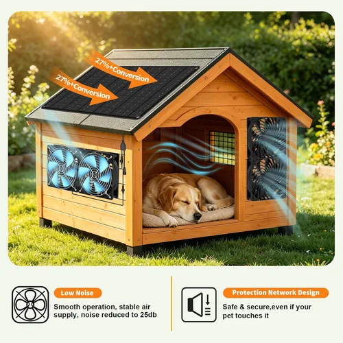 Vista 6 de Ventilador solar – Ventilador de ventilación de entrada y escape de alta velocidad dual para casa de perro, gallinero e invernadero, panel solar