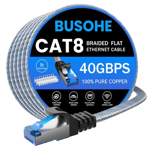 Vista 9 de Cable Ethernet Cat 8 de 1.5 pies, cable de conexión de red LAN de alta velocidad trenzado de nailon resistente, 40 Gbps 2000 Mhz SFTP blindado RJ45