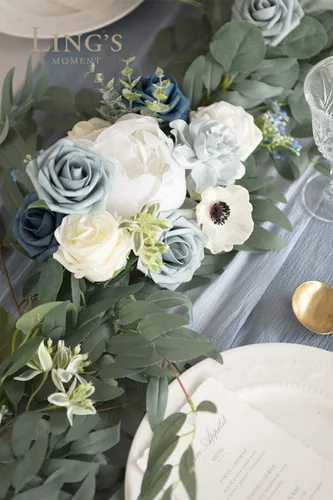 Vista 3 de Ling's moment Dusty Blue Artificial Flower Garland Wedding Arch 6 FT Azul polvoriento y azul marino