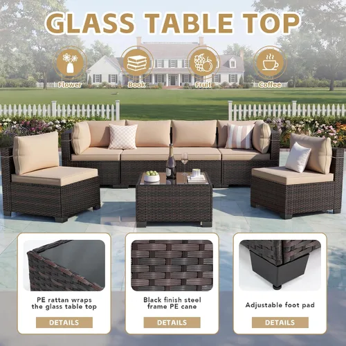 Vista 4 de LEVELEVE Juego de 7 muebles de patio al aire libre, juego seccional de conversación de ratán, sofá de mimbre de tejido manual con mesa de té Marrón