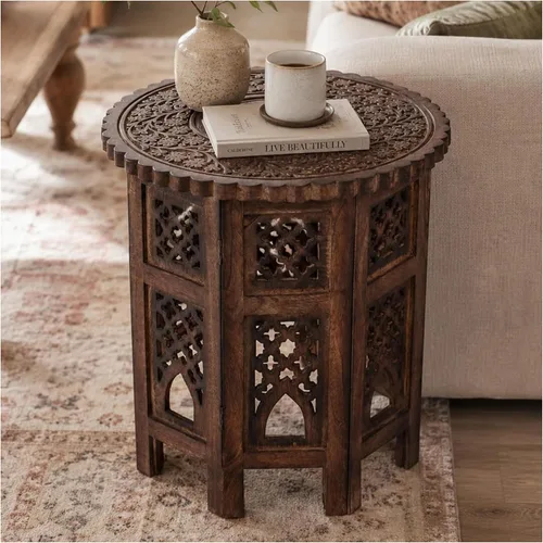 Vista 20 de Mesa auxiliar de madera de mango tallada a mano – 18x22 rústica