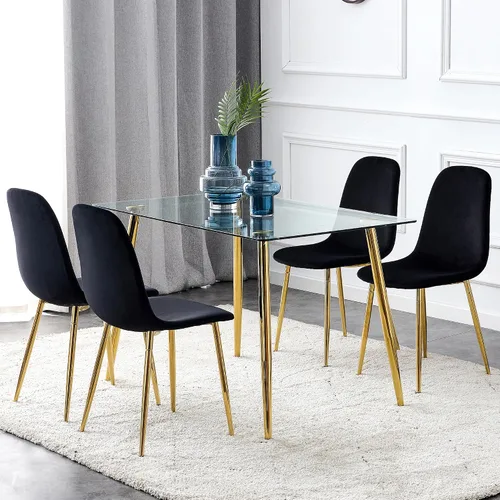 Vista 11 de Juego de mesa de comedor para 4, 5 piezas, juego de mesa de comedor de terciopelo moderno, mesa rectangular de vidrio templado para cocina, bar