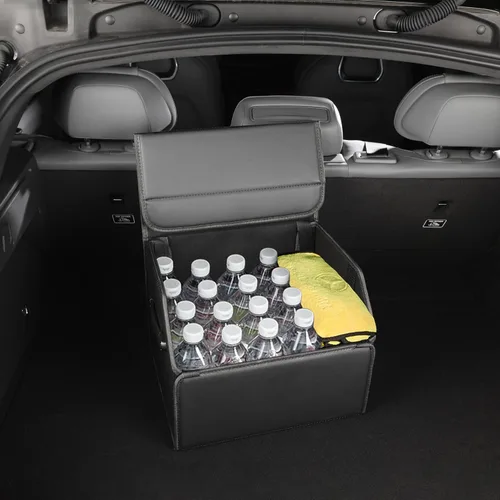 Vista 9 de Organizador de maletero, organizadores y almacenamiento de automóviles, caja de almacenamiento de cuero negro con tapa, tablero de fibra, plegable