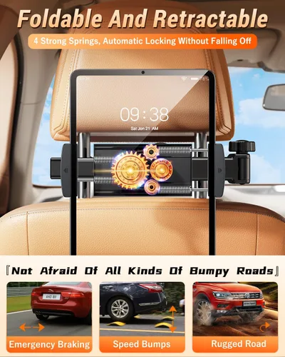 Vista 9 de Soporte para tablet con brazo de extensión para reposacabezas de automóvil, soporte ajustable para iPad para asiento trasero de automóvil, orientado