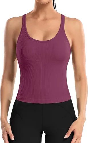 Vista 108 de ATTRACO Camiseta corta acanalada de entrenamiento para mujer con brasier integrado para yoga, espalda cruzada, ajuste ajustado