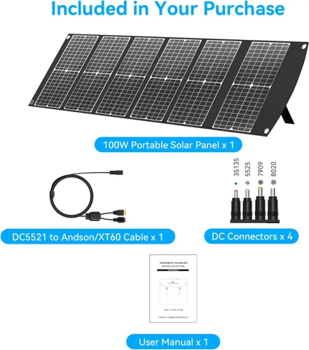 Vista 8 de 100W Panel Solar portátil CPC Material USB-C PD3.0 y 20V DC XT60 Anderson Lightweight, Foldable, USB-A/C Fast Charging, 3m DC Cable, IP65