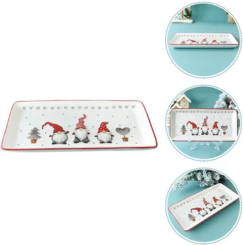 Vista 9 de Platos rectangulares de porcelana para servir gnomos de Navidad para servir ensalada, pasta, queso, aperitivo, jamón, apto para lavavajillas