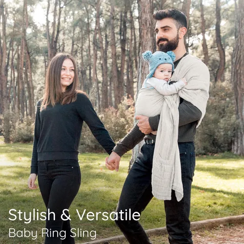 Vista 7 de Portabebés con Eslinga de Anillo - Probado en Laboratorio de EE. UU., 100% Algodón Muslin Natural, Eslinga de Anillo transpirable y ergonómica Beige