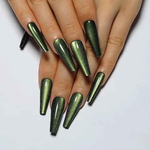 Vista 8 de Uñas postizas a presión largas, con brillo azul y diseño, acabado acrílico brillante, de cobertura completa, uñas postizas reutilizables para l002