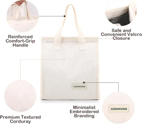 Vista 6 de TELLUMO Bolsa de almuerzo de corduroy para mujeres y hombres, linda bolsa de almuerzo con aislamiento y gran capacidad (7.5L), bolsa de almuerzo