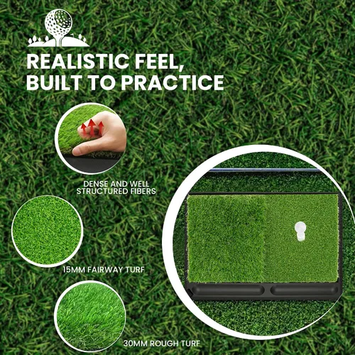 Vista 7 de NEWCARE Golf Hitting Mat with Curved Ball Tray, 3-in-1 Golf Practice Mat, Fairway Rough Putting Surfaces, Non-Slip Rubber Base, Portable Golf