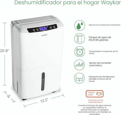 Vista 4 de [Usado] Waykar - Deshumidificador para espacios de 2000 pies cuadrados, para el hogar y sótanos, con drenaje automático y manual, con un tanque
