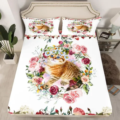 Vista 2 de Erosebridal Juego de sábanas de tamaño individual con diseño de gatos y gatos, con temática de animales, con flores coloridas, juego de sábanas